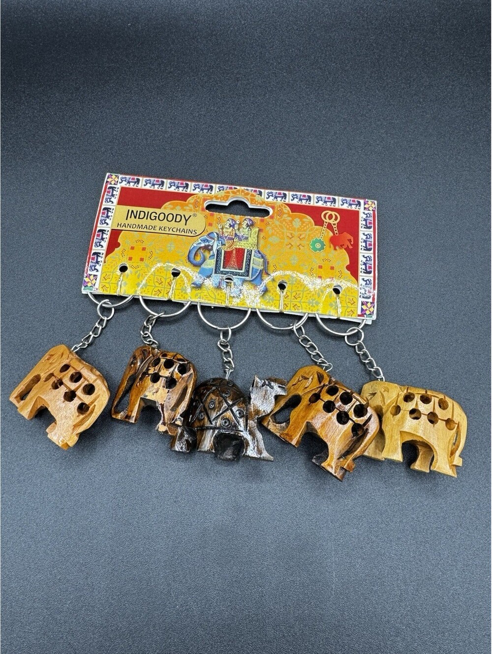 Indigoody Handmade Wooden Elephant Keychain Set India Carved Animal Key Rings